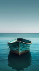 Fototapeta premium Tranquil scene of minimalistic sustainable shipping boat on calm ocean waters