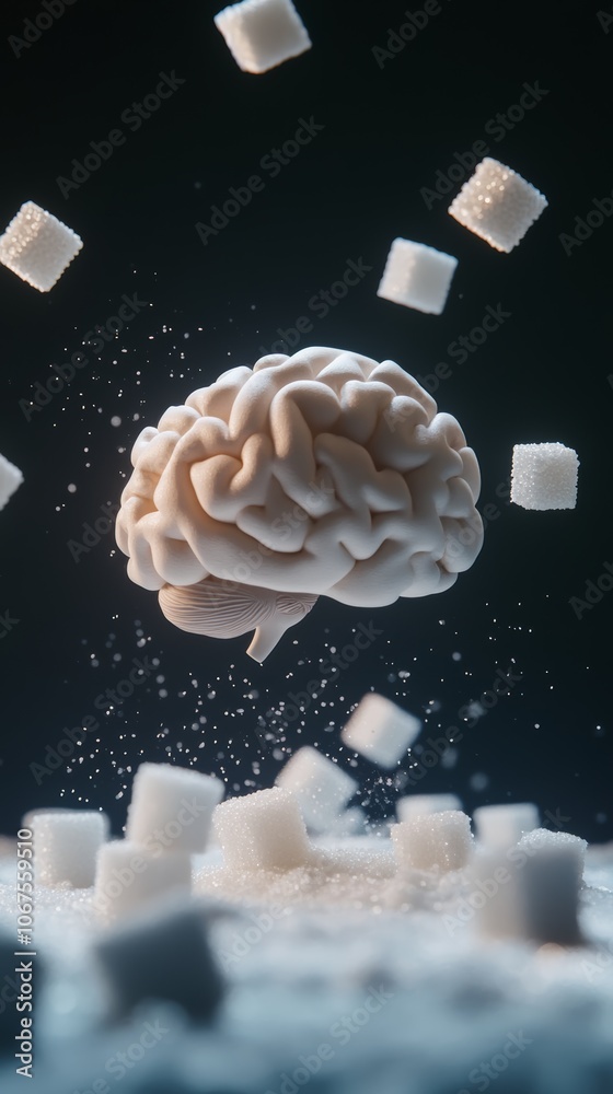 Poster sugar cubes float around a brain model, showing sugar's impact on health and cognition, highlighting