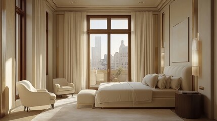 Fototapeta premium Modern Bedroom Interior with City View and White Furnishings