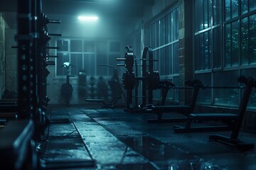 Atmospheric Gym Interior with Dim Lighting and Equipment