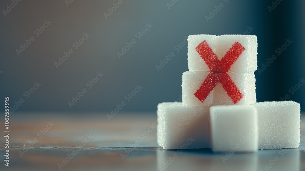 Poster sugar cubes stacked on a table with a red cross symbolizing a sugar free or low sugar lifestyle prom
