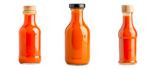 Closeup of Louisiana Sauce in glass bottle isolated on a white transparent background. Concept of food or culinary ingredient