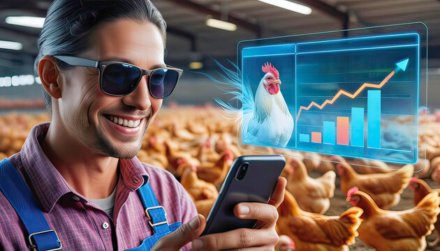 Farmer analyzes chicken farming data on smartphone to boost productivity and profitability