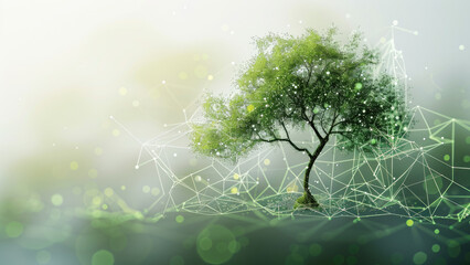 Digital Tree with Abstract Network Connections on Green Background