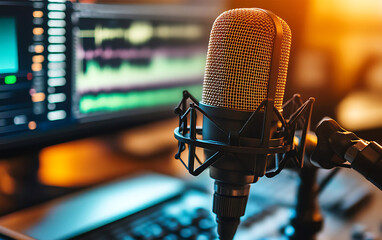 Intimate close up of microphone in podcast studio, capturing essence of audio production and creativity. warm lighting enhances atmosphere