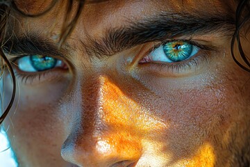 Intense close-up of a sun-kissed man with striking blue eyes and textured skin