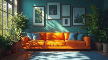 Vibrant boho living room with a fabric sofa and decorative cushions, framed by a window and walls full of posters.