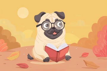 Cartoon pug reading book in autumn setting