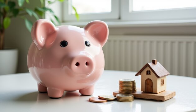 Piggy bank and mini house with coins: saving for home investment concept