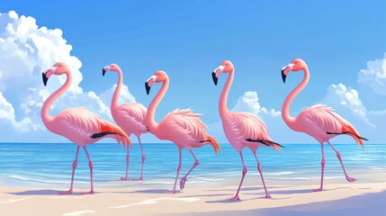 Obraz premium Wild african birds. Group birds of pink african flamingos. walking around the blue lagoon on a sunny day