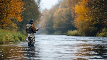 Man fly fishing in a serene river surrounded by autumn foliage in a tranquil landscape during early morning hours