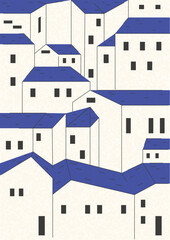 Cute tiny houses cartoon small town illustration. Minimalism city buildings, blue white simple 2d painting