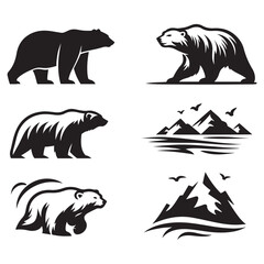 Polar Bear silhouette vector art black color design set  and solid white background 
