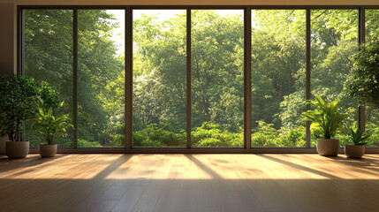 Modern Room with Large Window and Green Forest View