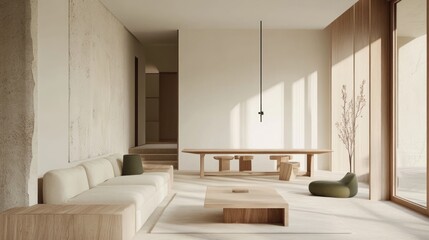 Minimalist Living Room with White Sofa, Wooden Table, and Green Pouf