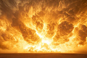 Fototapeta premium A fiery explosion with dramatic orange clouds spreading across a barren landscape 