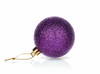 A glittery purple Christmas ornament with a gold cap and string isolated on a white background.