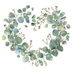 Watercolor eucalyptus heart wreath, green tones, wedding invitation, romantic theme