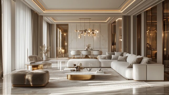 Modern living room interior design with white sofa, gold accents, and large windows