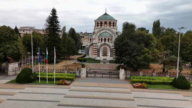 Drone view of the facade of chapel-mausoleum "St George the Victorious" in Pleven, Bulgaria
