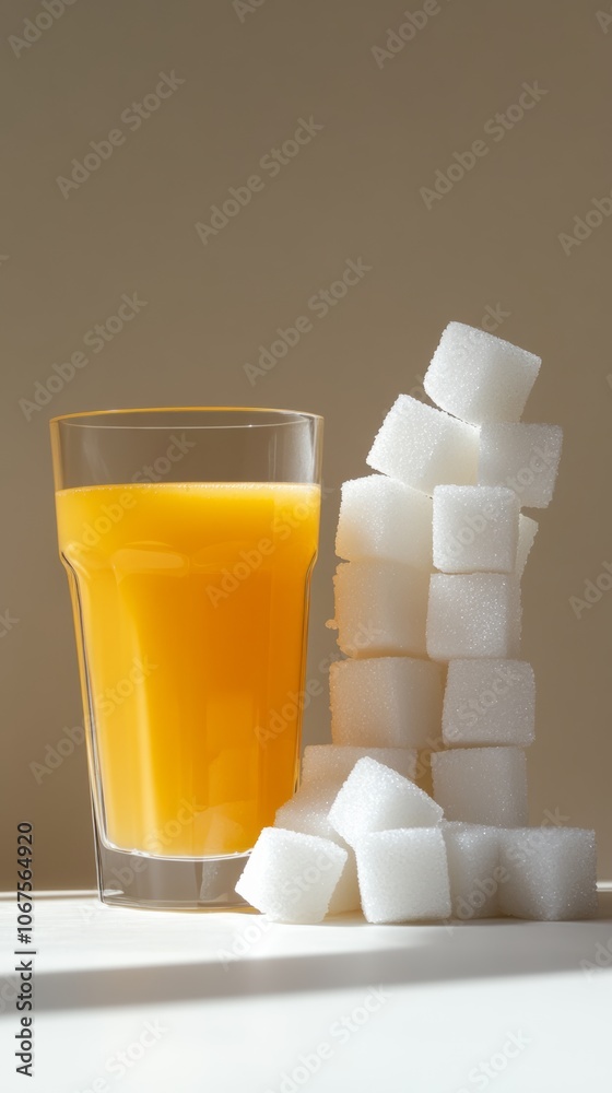 Poster glass of orange juice stands next to a precarious stack of sugar cubes, symbolizing the hidden sugar