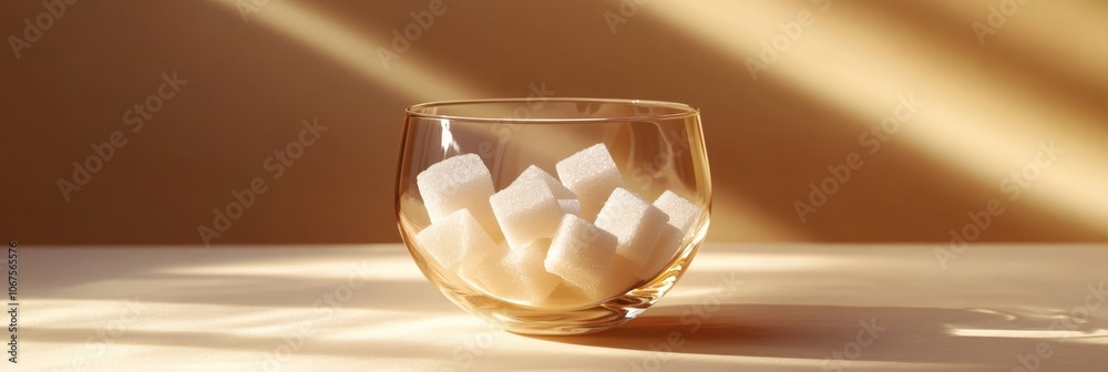 Poster glass filled with sugar cubes sits on a beige surface, bathed in warm sunlight, creating a visually 
