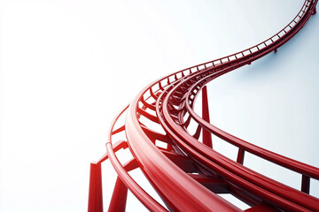 Close-up of a red roller coaster track with loops and curves on a white background conveying thrill excitement and amusement park fun
