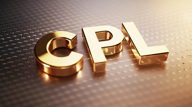 Abbreviation CPL - Cost Per Lead, Sleek golden letters CPL on metallic surface design