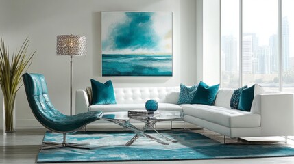 Modern Living Room with Teal Accents and City View