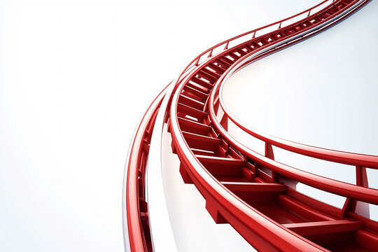 Red rollercoaster track with sharp curves and twists against a white background creating a bold and thrilling visual impact
