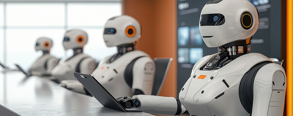 A row of humanoid robots at a sleek, modern counter, each using a tablet, showcasing advanced technology in a futuristic setting.