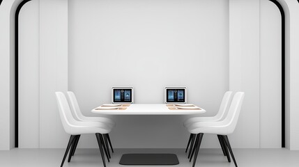 Fototapeta premium A modern, minimalistic meeting room featuring a white table, four chairs, and two laptops, designed for collaborative work or discussions.