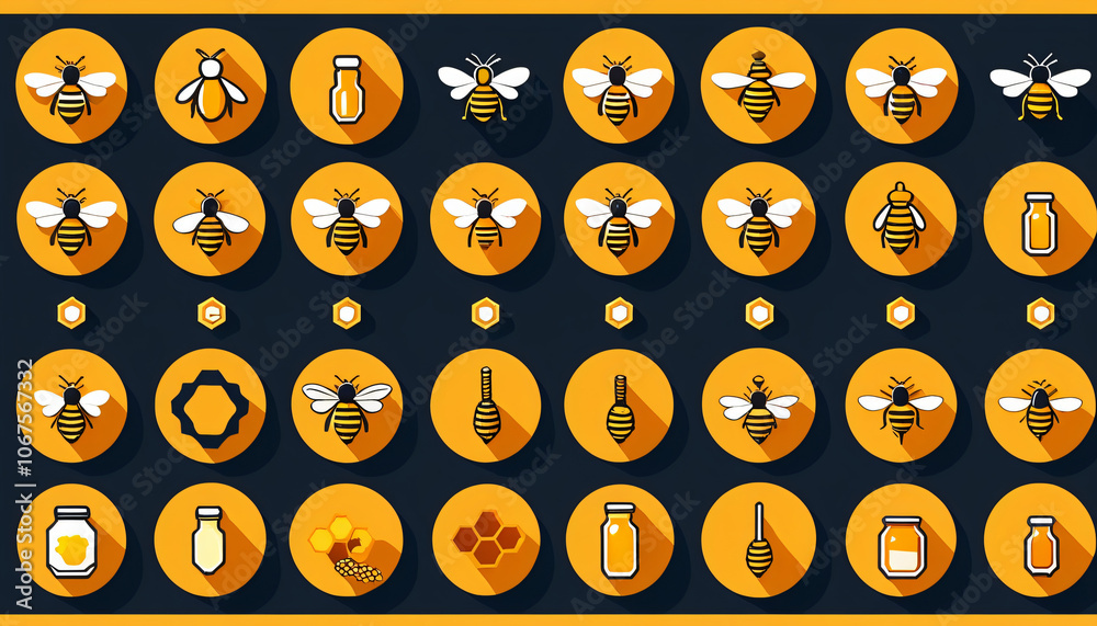 Poster set of flat style vector illustrations featuring isolated flying bees, honeycombs, and icons related