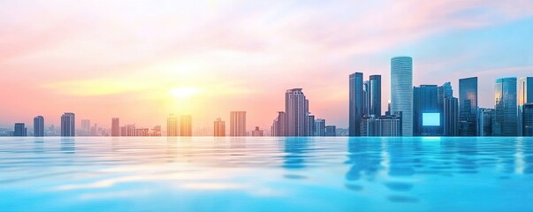 Obraz premium A stunning skyline at sunset, reflecting on calm water, with modern buildings bathed in soft pastel colors.