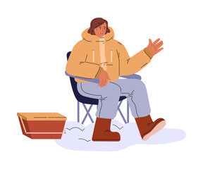 A winter vector scene with a young girl on a folding chair waving her hand