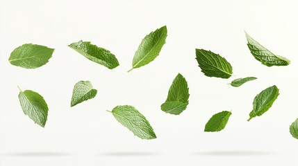 Obraz premium collection of delicious fresh mint leaves flying isolated on white background