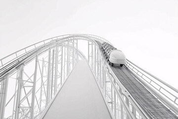 Fototapeta premium Rollercoaster climbing steep track in minimalist black and white design conveying a sense of height and anticipation 