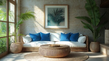 Inviting farmhouse living room with a wicker table, white sofa adorned with blue pillows, and a stylish beige brick wall.