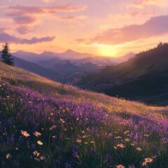 A vibrant meadow with wildflowers blooms at sunset, with rolling hills in the background.