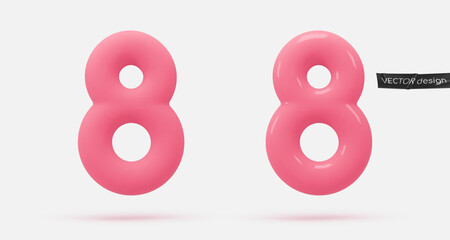 Pink icon, 3d render number 8, eight, sign. Realistic design element. Vector illustration isolated on white background for postcard, icons, poster, banner, web, design, arts