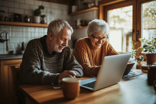 A joyful elderly couple engages with a laptop, sharing a moment of connection and laughter in a cozy kitchen setting.