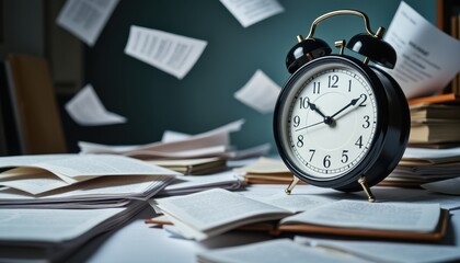 Retro alarm clock amidst flying papers: time and chaos in study or office setting