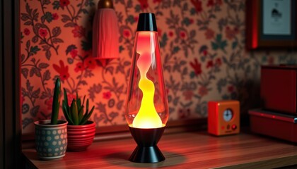 Retro lava lamp glowing in cozy vintage room decor