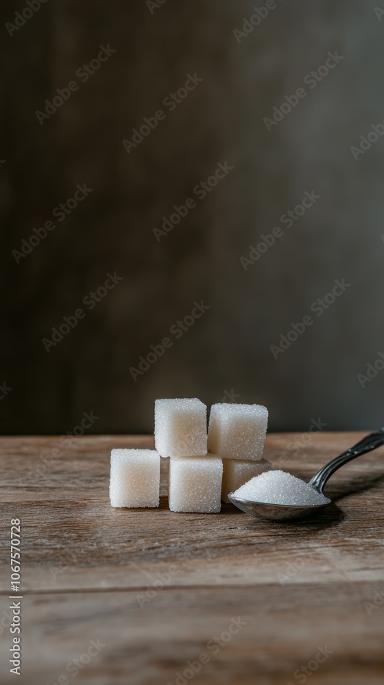 Poster five sugar cubes stacked together on wooden table with vintage spoon full of granulated sugar are cr