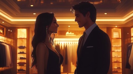 A South Asian male clothing store consultant assists a couple during evening shopping