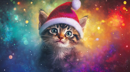 Adorable Baby Cat in Christmas Hat with Playful Expression