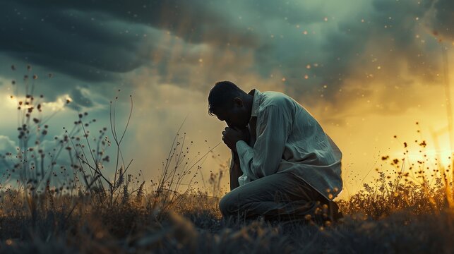 A man is praying on his knees in an open field as the sun sets, surrounded by dark clouds