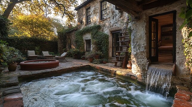 A rustic stone house with a courtyard featuring a small pool, a waterfall, and two lounge chairs.