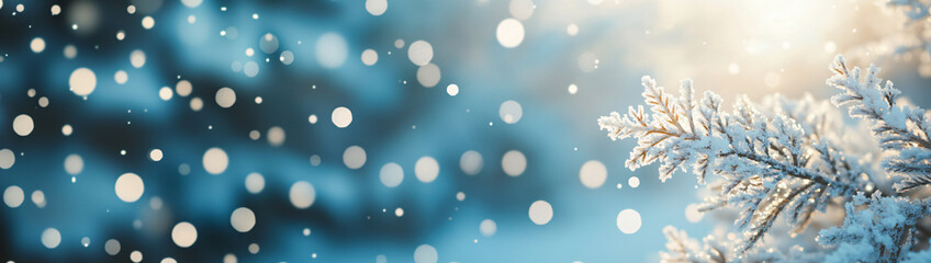 Branch of snowy green spruce, Christmas tree on blue background with snowfall. Winter template, banner concept for Christmas, New Year and sale season. Web card and backdrop with space for text