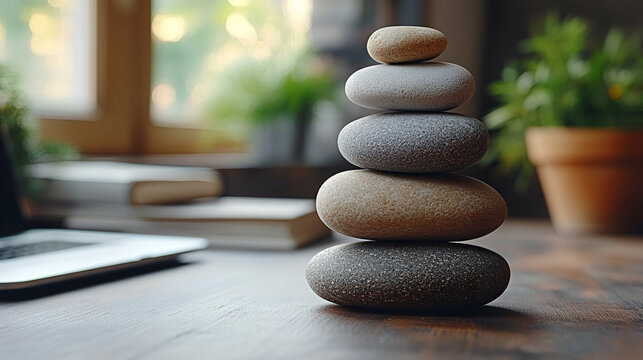 A serene stack of smooth stones atop a wooden table, surrounded by greenery, evoking tranquility and balance in a peaceful indoor environment.